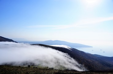 winter landscape with mountains and clouds