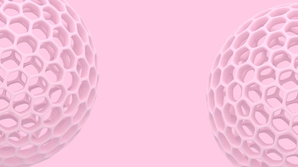 3d spheres with holes. Perforated balls background. Abstract wallpaper. Flying bubbles. Trendy modern illustration. 3d rendering. Cell. Pastel colors. Poster backdrop.
