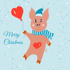 Christmas card. Funny pig with heart balloon on blue snow background illustration drawn by hand. Digital painting