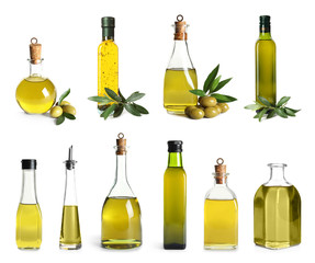 Set with olive oil bottles on white background