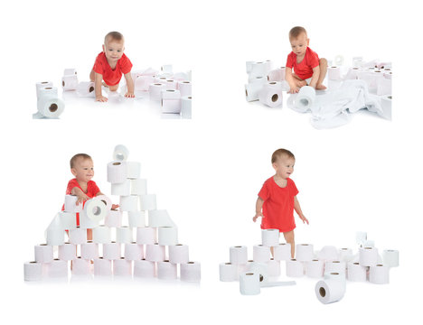Set with cute little boy and toilet paper on white background