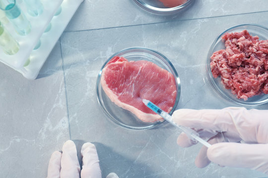 Scientist Injecting Liquid Into Meat Sample On Table, Top View