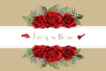 Wedding invitation card floral red roses bouquet and lettering
