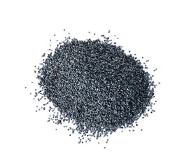 Heap of poppy seeds on white background, top view