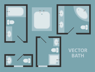 Bath vector elements. Bathroom interior top view icon set.