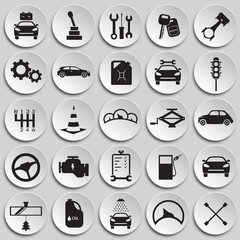 Car and service set on plates background icons