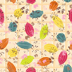 Colorful stylized cacao pods in candy colors on white chocolate tablet. Seamless vector pattern background.