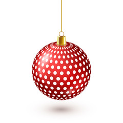 Christmas Tree Shiny Red Ball. New Year Decoration. Winter Season. December Holidays. Greeting Gift Card Or Banner Element.