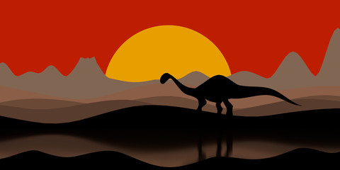 Silhouette of a dinosaur on sunset evening with a volcano and mountains on the background 3D illustration