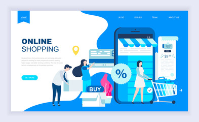 Modern flat design concept of Online Shopping with decorated small people character for website and mobile website development. UI and UX design. Landing page template. Vector illustration.