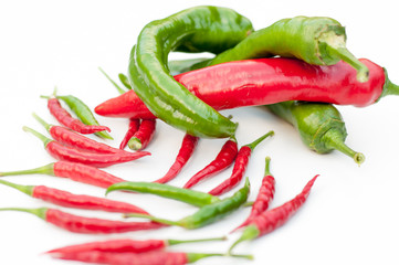 Pepper bitter red and green hot chilli. White background.