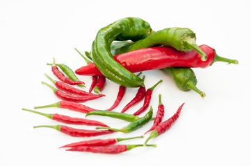 Pepper bitter red and green hot chilli. White background.