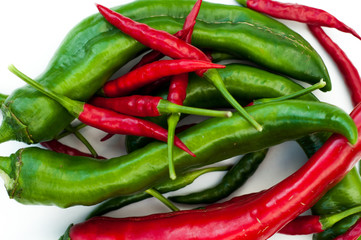 Pepper bitter red and green hot chilli. White background.