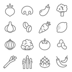 Vegetable ingredients line icon vector set. Including Carrot, Tomato, Chilies, Asparagus, Artichokes, Onion, Radish and more