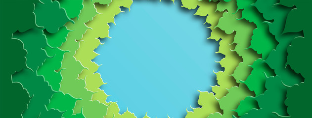 Banner for social networks caps. Green foliage. Abstract background in paper cut style. Vector