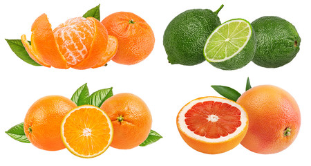 Collage of fresh citrus isolated on white background with clipping path