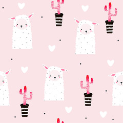 Seamless pattern with cute llama and pink cacti. Vector hand drawn illustration. © bilaaa