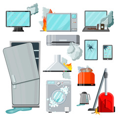 Modern flat home appliances consumer electronics with different damages,vector set.Broken household goods-laptop,mobile phone,tablet,monitor,microwave,refrigerator,washing machine,vacuum cleaner etc - obrazy, fototapety, plakaty