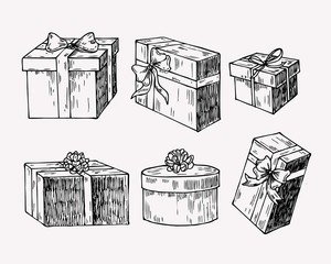 Hand drawn vintage illustration of present box, gift package with a bow and ribbon.