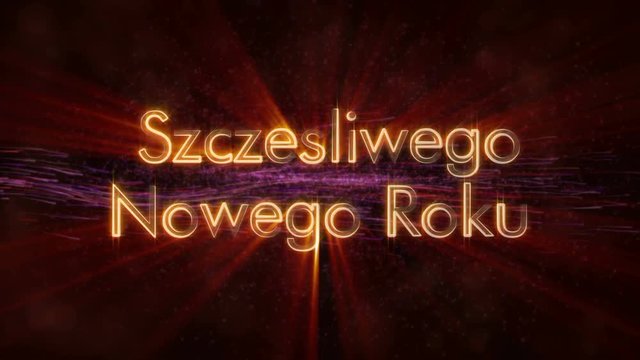 "Happy New Year" text in Polish "Szczesliwego Nowego Roku" loop animation over dark animated background