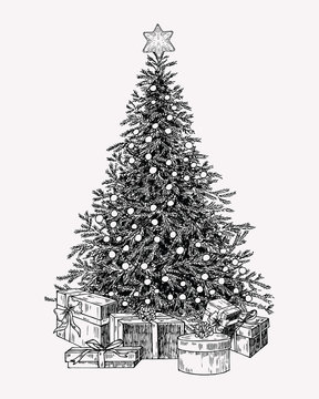 Christmas tree vintage illustation. Hand drawn holiday decor element.