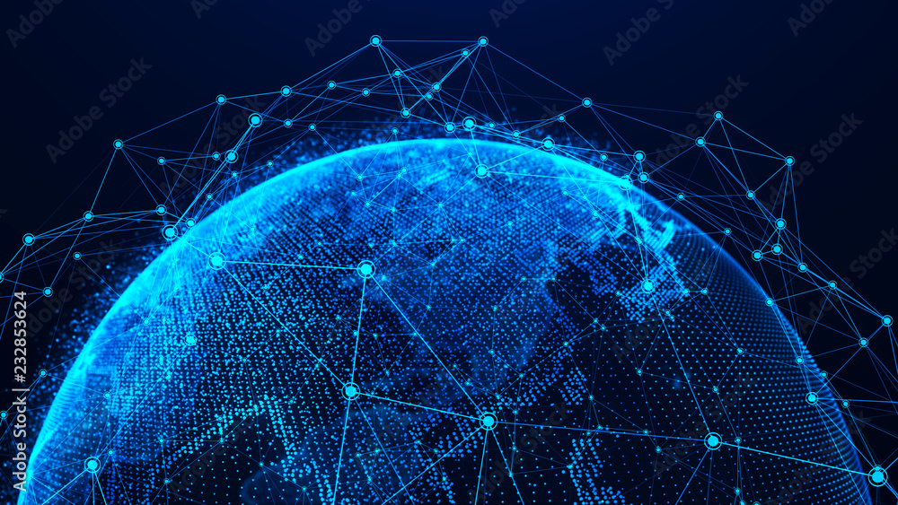 Poster Global network concept. World map point. Global network planet Earth. 3D rendering.