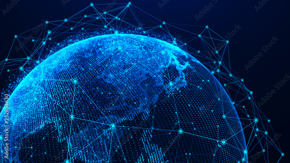 Aufkleber Global network concept. World map point. Global network planet Earth. 3D rendering.