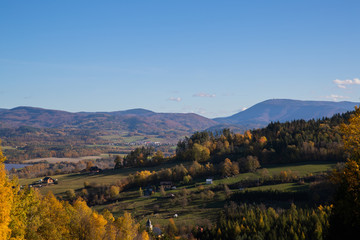 View from the Veselá Ski Resort at Zašová beautiful autumn sunny day during the day.