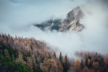 Misty mountain scene in Dolomites mountain Italy, Europe