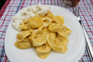 Tortelloni ricotta on white plate.
