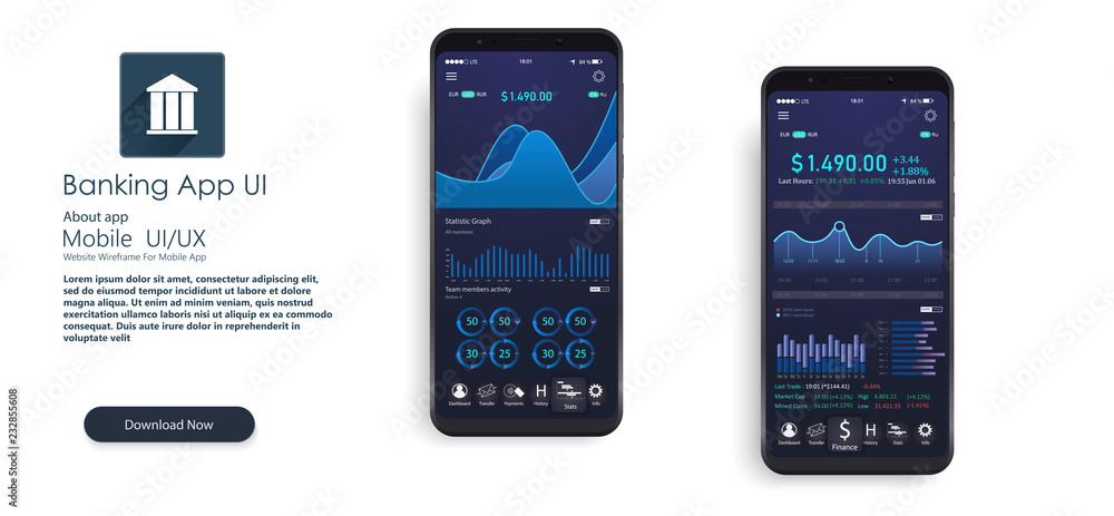 Poster mobile app infographic template with modern design weekly and annual statistics graphs. pie charts, 