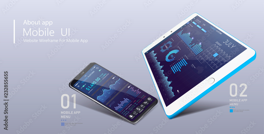 Wall mural 3d isometric web banner smartphone, tablet with mobile. clean mobile ui design concept. trendy mobil