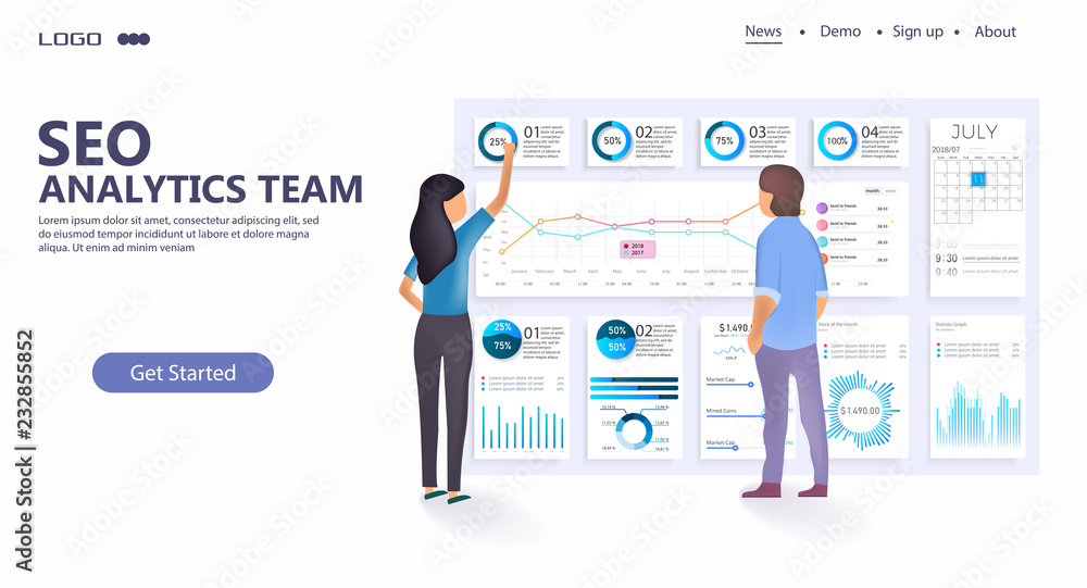 Poster modern flat design concept of seo optimization for website and mobile website. seo analytics team la