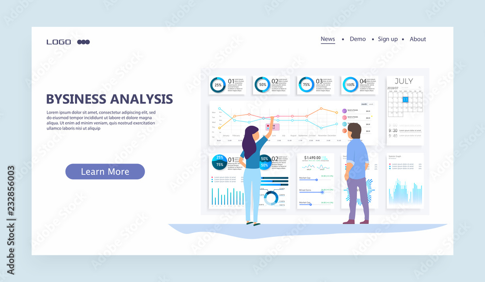 Poster Vector web site linear art design template. Finance charts and diagrams. Modern flat design concept of Data Analysis for website and mobile website. Landing page template. Easy to edit and customize. 