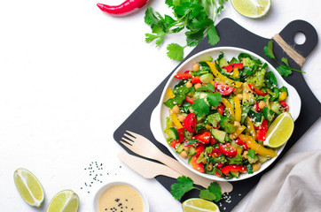 Fresh Vegetable Salad, Healthy Vegan Meal with Avocado, Chickpea, Bell Pepper, Cucumber and Spinach