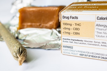Marijuana Edible Infused Caramel Candy With Labeled Drug Facts & Marijuana Cigarette Up Close