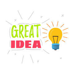The lamp is shining. The inscription is a great idea. Cartoon vector. Concept of creative idea.
