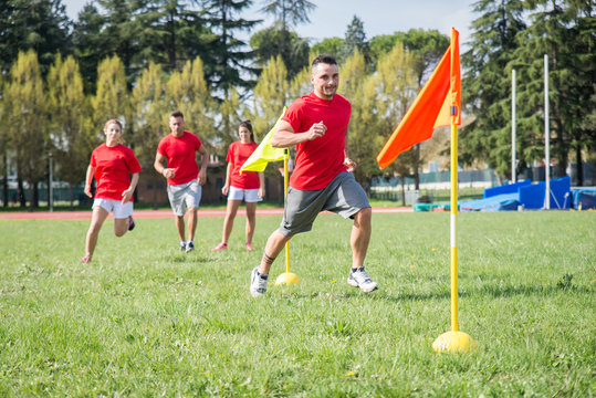 Football players training in soccer field
