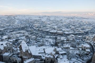 Panoramic view of Goreme in Cappadocia during winter, Turkey