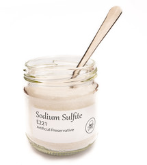 Sodium Sulfite E221 jar isolated on white with poison skull symbol.