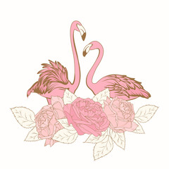 Exotic pink flamingo birds loving couple. Rose peony flowers bouquet element composition. Isolated on white background. Warm pastel colors. Vector design illustration.