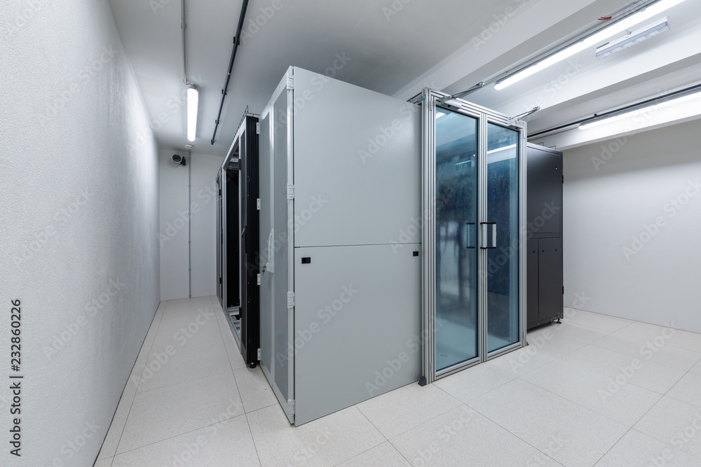 Wall mural cold aisle containment and in-row cooling rack units of computer data center