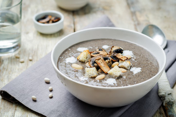 White bean mushrooms soup with croutons