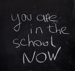 Fototapeta na wymiar You are in the school now written in white chalk on a school blackboard