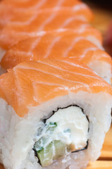 close up of two sashimi sushi set on a serving tray