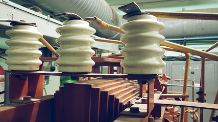 voltage transformer, electrical lines with insulators in power plants.