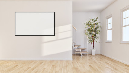 Modern bright interiors with mock up poster frame illustration 3D rendering computer generated image