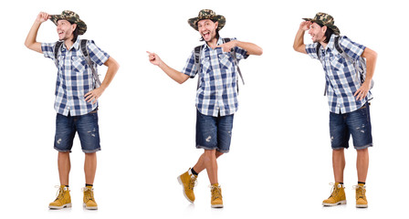 Young traveller with backpack isolated on white