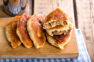 Homemade fried mushroom patties, rustic style, vintage, wooden background