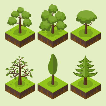 Trees isometric. Grass, big and small trees, garden, park, elements for isometric landscape